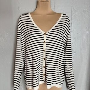 Striped Button Front Cardigan Sweater Womens Large Black Ivory French Girl
